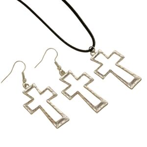 Silvertone Cross Pendant Necklace and Earring Set